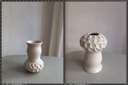 BOVIST, Vase beidseitig verwendbar. Weisse Steinzeugmasse gedreht, gebaut, beschnitzt. Glasiert bei 1240°, 20 x 13 cm, Unikat, 2014